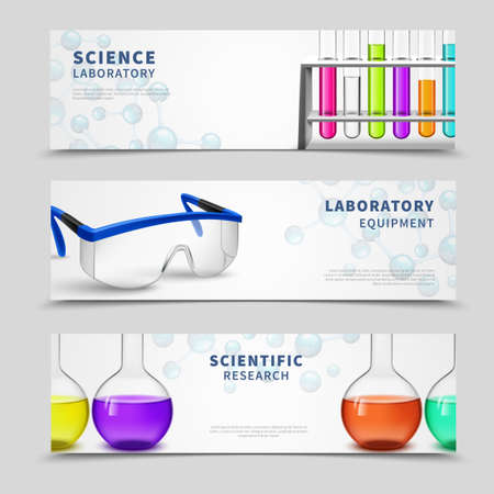 Three compact horizontal banners set with lab equipment scientific research symbols bottles colorful tubes flat vector illustrationのイラスト素材