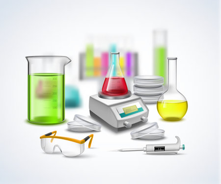 Chemical equipment composition with pulser scales realistic colorful symbols of bottles with liquids flat vector illustrationのイラスト素材