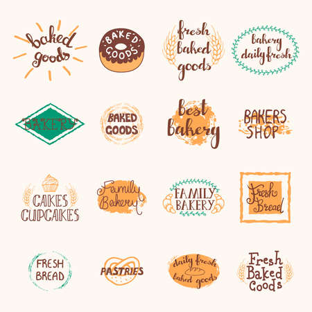 Bakery labels set with logos and emblems in retro style isolated vector illustrationのイラスト素材