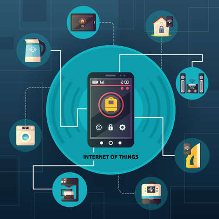 Internet of things home automation system iot retro cartoon poster smartphone  circle composition dark background vector illustrationのイラスト素材