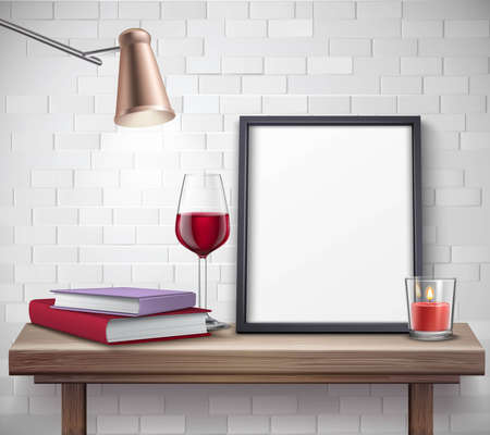 Realistic frame template on the table with glass of wine candle lamp and books vector illustrationのイラスト素材
