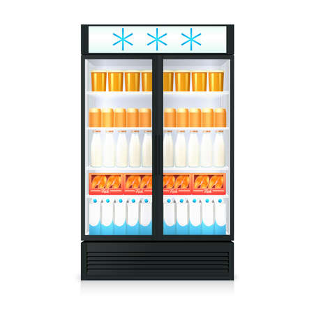 Freezer realistic template with food drink bottles cartons and glass door isolated vector illustrationのイラスト素材