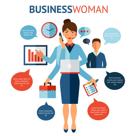 Businesswoman with many hands multitasking design concept flat vector illustrationのイラスト素材