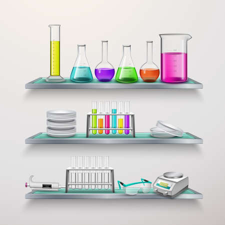 Laboratory equipment on three glass shelves composition with test tubes colorful liquids in vessels flat vector illustrationのイラスト素材