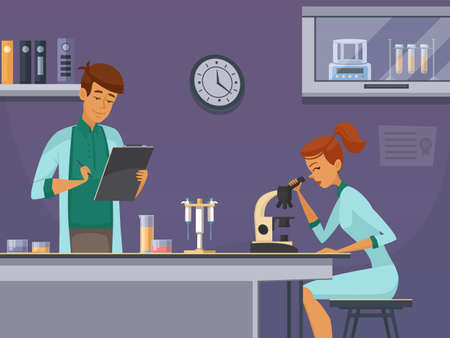 Two young scientists in chemistry lab making microscope slides and taking notes retro cartoon poster vector illustrationのイラスト素材