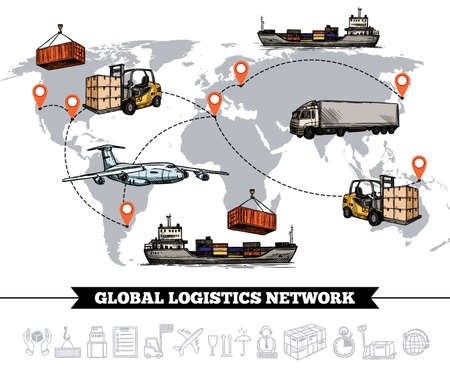 World logistic network template with various types of transportation world map and icons vector...