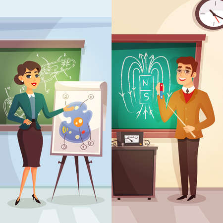 Education cartoon vertical banners with teachers of biology and physics in flat style vector illustrationのイラスト素材