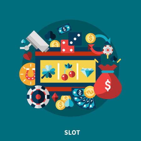 Casino gaming icons round composition with coins dice money diamond clover cherry symbols flat vector illustrationのイラスト素材