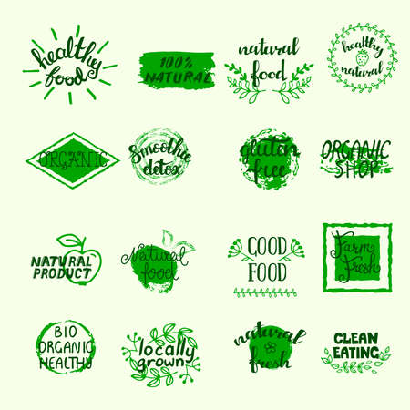Healthy food labels set with bio eco and organic elements in green colors isolated vector illustrationのイラスト素材