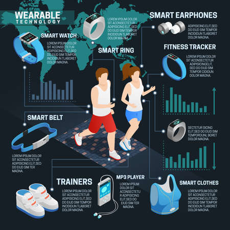 Wearable technology isometric infographics set with running people and digital gadgets vector illustrationのイラスト素材