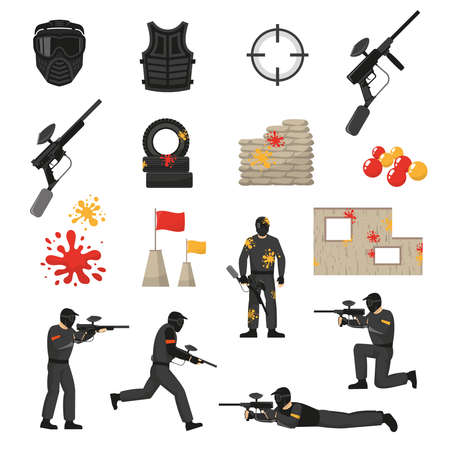 Flat icons set of paintball field elements stuff and players isolated on white background vector illustrationのイラスト素材