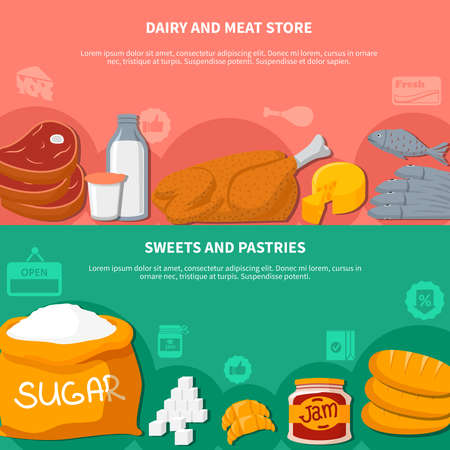 Supermarket 2 horizontal banners set with food symbols pink green background flat vector illustrationのイラスト素材