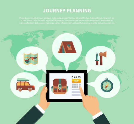 Purchase of hiking equipment via the internet and  elements vector illustrationのイラスト素材