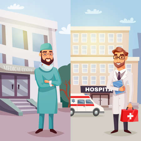 Cheerful doctors vertical banners with specialists standing near medical center and hospital in flat style vector illustrationのイラスト素材