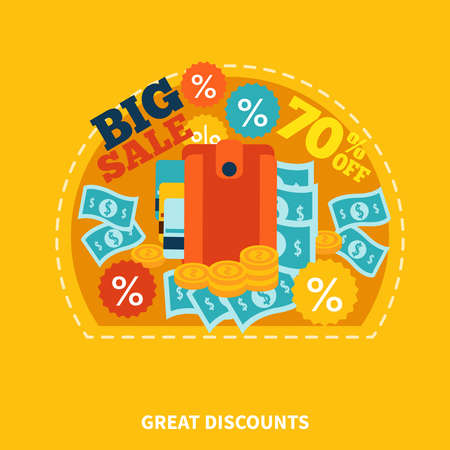 Online shop colorful round composition with caption money discount coins symbols on orange background flat vector illustrationのイラスト素材