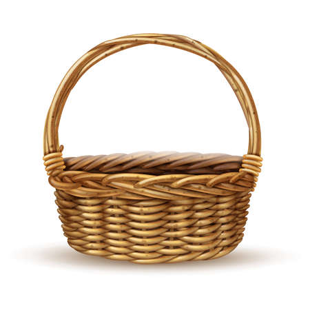 Traditional country style willow peasant basket with handle close-up side view with shadow realistic vector illustrationのイラスト素材