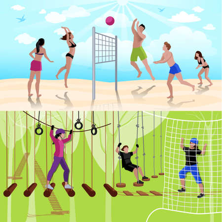 Active leisure people composition with volleyball and climbing in flat style vector illustrationのイラスト素材