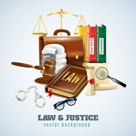 Law and justice legal system objects and symbols composition background poster with balance and judge wig vector illustrationのイラスト素材