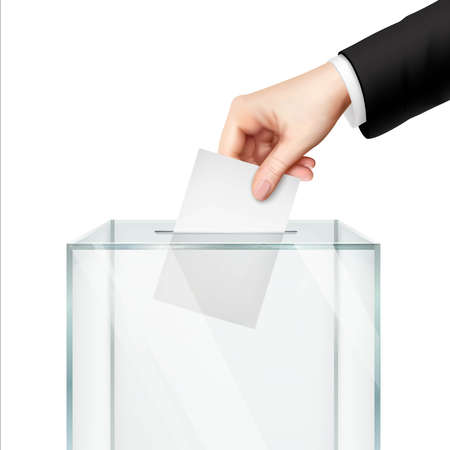 Realistic voting concept with hand putting vote paper in the ballot box isolated vector illustrationのイラスト素材