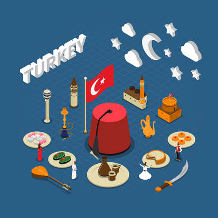 Turkish cultural isometric symbols composition poster for travelers with traditional sweets landmarks and red tassel hat vector illustrationのイラスト素材