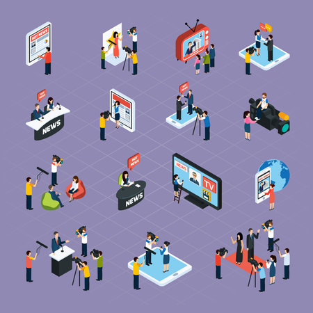 Reporters isometric icons set with media symbols isolated vector illustrationのイラスト素材