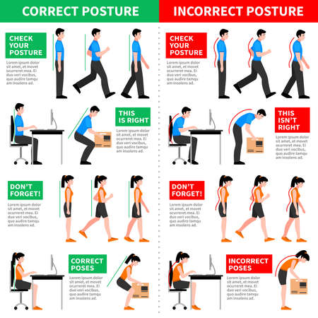 Flat infographics with men and women demonstrating correct and incorrect postures while walking and sitting vector illustrationのイラスト素材