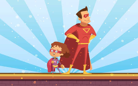 Couple of adult and child cartoon superheroes in red  cloaks standing proudly at sunlight background flat vector illustrationのイラスト素材