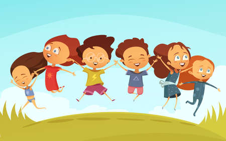 Cartoon team of cheerful friends holding hands and jumping together outdoors flat vector illustration in retro styleのイラスト素材