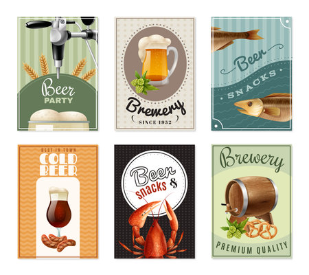 Beer vertical banners set with wheat filled mug fish glass potato lobster and wooden barrel vector illustrationのイラスト素材