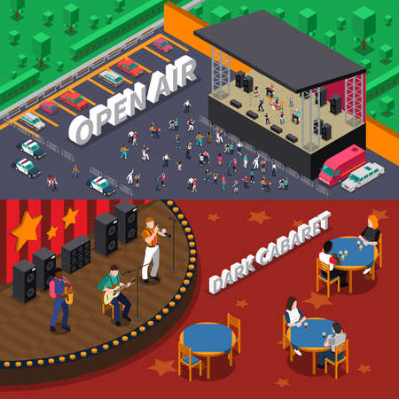 Musicians people playing on stage and at open air concert horizontal isometric banners set isolated vector illustrationのイラスト素材