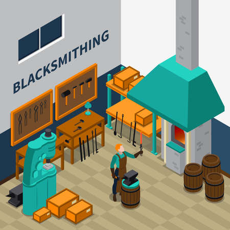 Blacksmith forging wrought iron on anvil isometric poster with smith shop tools materials and machinery vector illustrationのイラスト素材