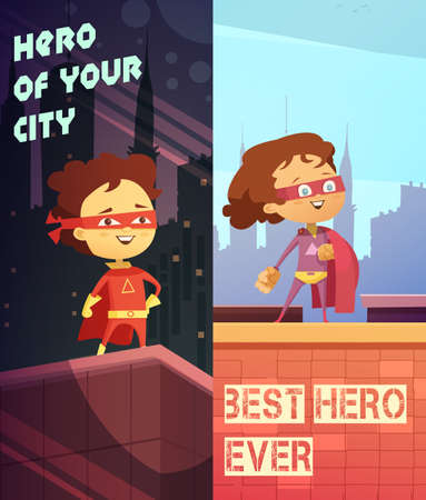 Two urban vertical banners with happy kids dressed in superhero costumes and standing on roof of skyscraper flat vector illustrationのイラスト素材