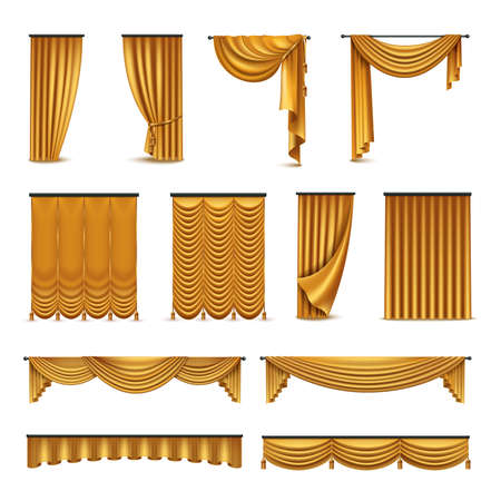 Golden silk velvet luxury curtains and draperies interior decoration design ideas realistic icons collection isolated vector illustrationのイラスト素材