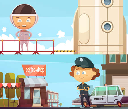 People professions two horizontal banner  with cute cartoon kids in suits of policeman and astronaut flat vector illustrationのイラスト素材