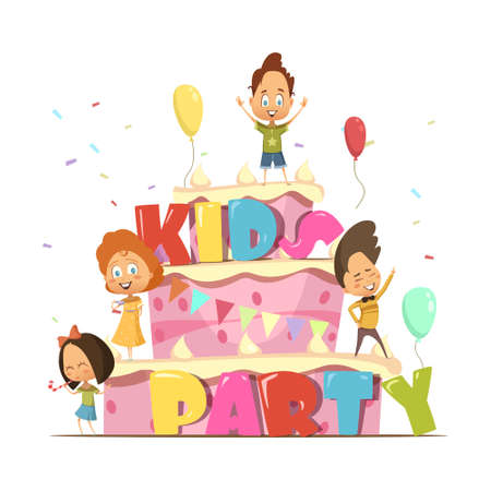 Kids party flat design template for children with giant cake and group of cartoon personages retro...