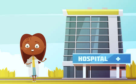 Cute female doctor slim abstract figurine at city hospital building background flat cartoon  vector llustrationのイラスト素材