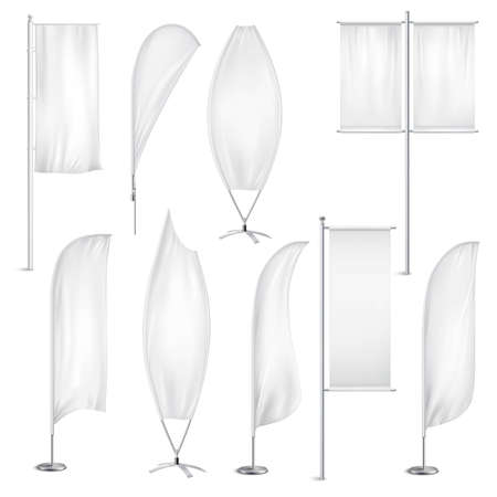 Advertisement blank flags and banners various shapes templates collection white with background realistic isolated vector illustrationのイラスト素材