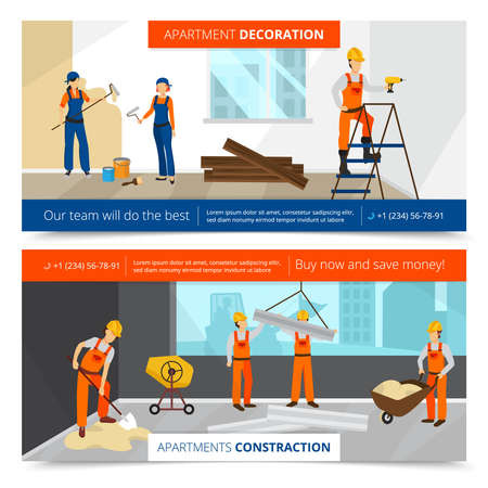 Construction horizontal banners set with decoration symbols flat isolated vector illustrationのイラスト素材