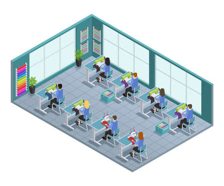 3d garment factory isometric composition with workshop on tailoring in the factory vector illustrationのイラスト素材