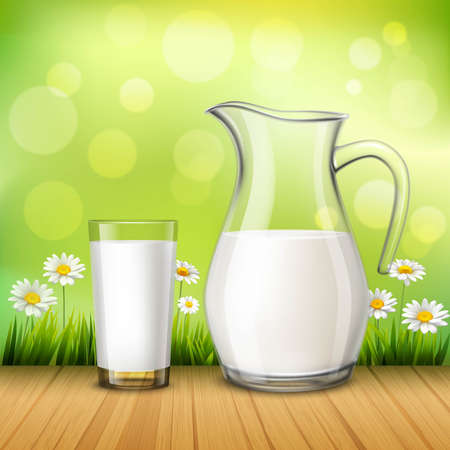 Rustic design concept in realistic style with jug and glass of milk on wood table at green background with chamomiles vector illustrationのイラスト素材