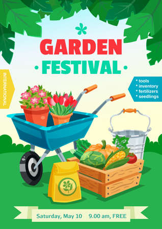 Garden festival colorful poster with rural landscape and advertising of tools inventory seedlings fertilizer  flat vector illustrationのイラスト素材