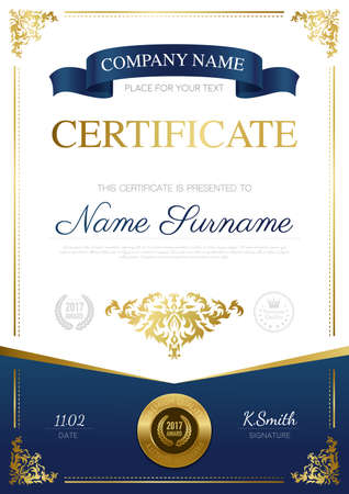 Stylish certificate design with blue ribbon place for text and gold award vector illustrationのイラスト素材