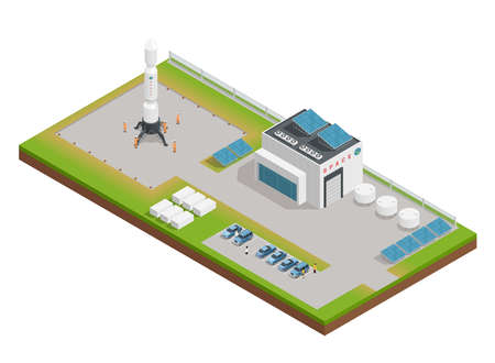 3d space isometric composition the layout of the building, dealing with service and construction of rocket vector illustrationのイラスト素材