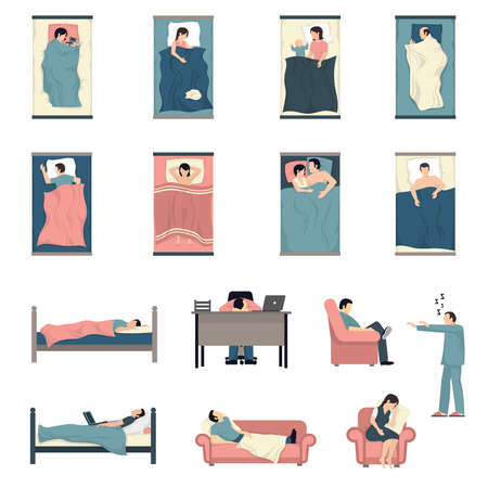 People sleeping in bed with kids cats together and at work desk flat icons set isolated vector illustrationのイラスト素材