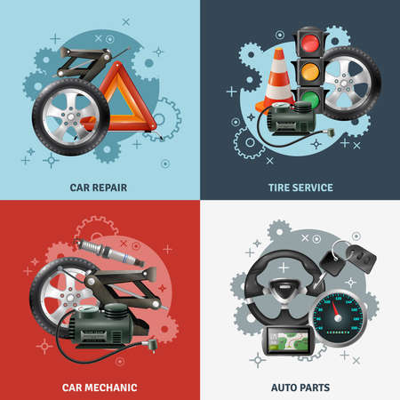 Car service concept icons set with tire service symbols realistic isolated vector illustrationのイラスト素材