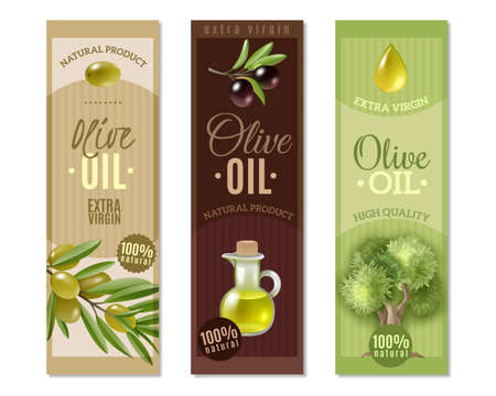 Olive cartoon vertical banners set with oil symbols isolated vector illustrationのイラスト素材