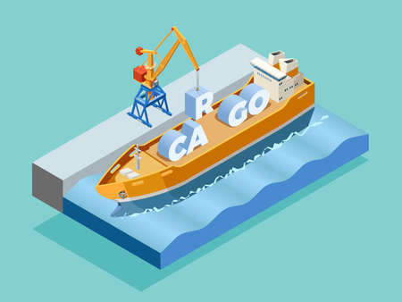 Seaport isometric template with crane loading inscription cargo on ship isolated vector illustrationのイラスト素材