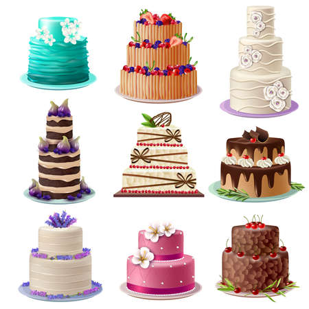 Sweet baked cakes set with colorful different decorated confectioneries and desserts isolated vector illustrationのイラスト素材