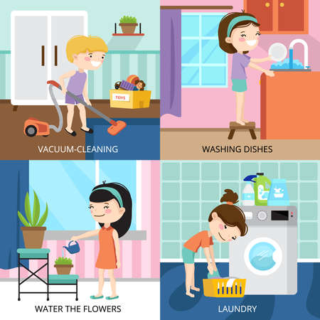 Colorful cartoon 2x2 design concept with kids cleaning house isolated vector illustrationのイラスト素材