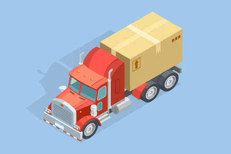 Heavy truck isometric template with carton parcel on blue background isolated vector illustrationのイラスト素材